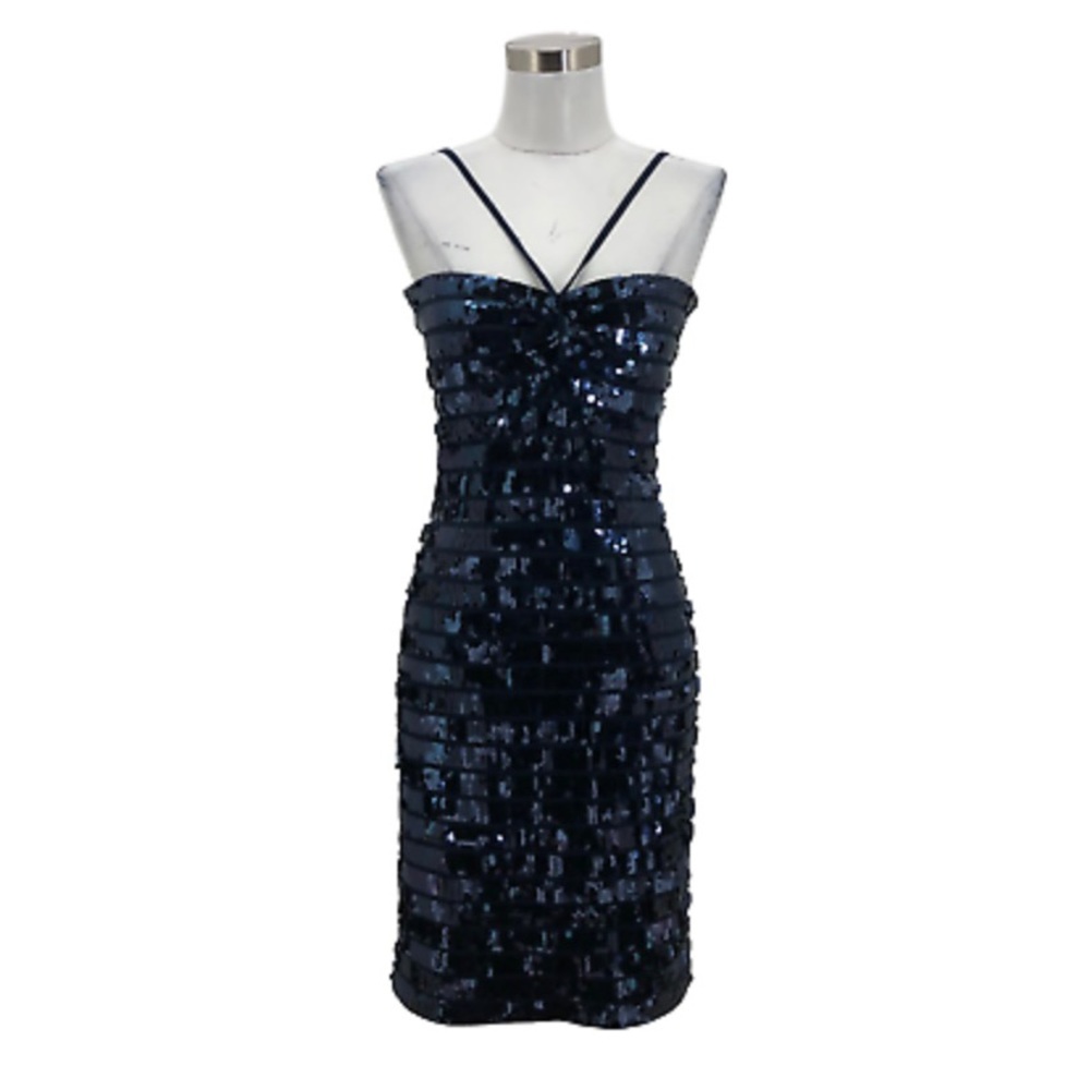 MARC BOUWER Dress Navy Sequin Bodycon Halter